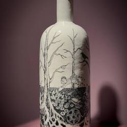 "Absolut Askeland" (Ingrid Askeland; 2015); glazed earthenware with decals ... Kode Art Lysverket.
