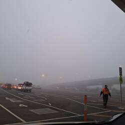Onto the ferry at Geelong in a pea souper of a fog.