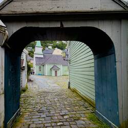 View through the quaint gate ... Byparken — Bergen, Norway.