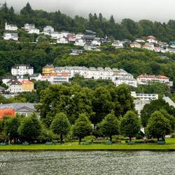 View of hillside homes from Byparken — Bergen, Norway.
