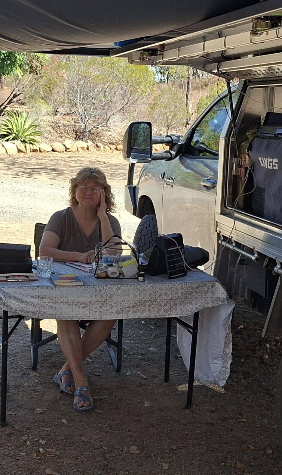 A shady spot with my solar fan to work and do some art