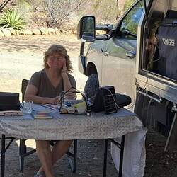 A shady spot with my solar fan to work and do some art