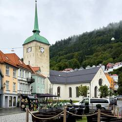 View of the Korskirken Square from Pygmalion — Bergen, Norway.
