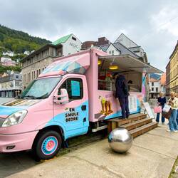 Mui checking out the flavors at the gelato truck — Bergen, Norway.