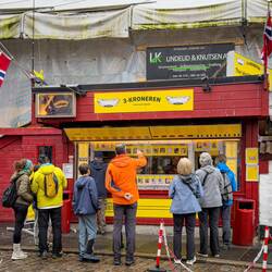 The hot dog stand was doing a booming business later in the day — Bergen, Norway.