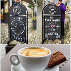 Coffee break with fun signs ... Nordnes — Bergen, Norway.