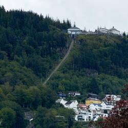 View of the Fløbanen track to the top of Mount Fløyen ... from Nordnes — Bergen, Norway.