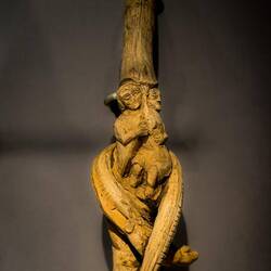 Wooden stick; perhaps depicting Adam & Eve with the serpent — Bryggens Museum, Bergen.