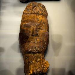 Wood carving of a woman's head; undated; found in Bergen — Bryggens Museum.