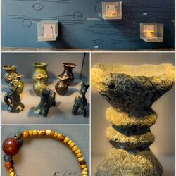 L to R: necklace; mini pots, rattles, toys; oil lamp ... against the Wall of Time.