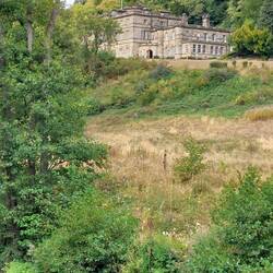 Cromford; Willersley Castle dominates the hill on the east side of the River Derwent
