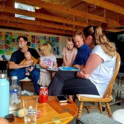 Thor showing Malte's girls where we live and where he is going on holiday