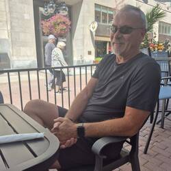 We stopped on the Spark St pedestrian mall for a break.