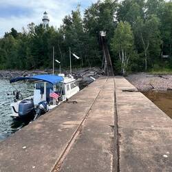 C-Traveler at the Outer Island Lighthouse dock. You can see the lighthouse and stairs also.