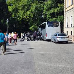 The band getting on a bus