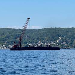 Crane barge with Bayfield in the background.