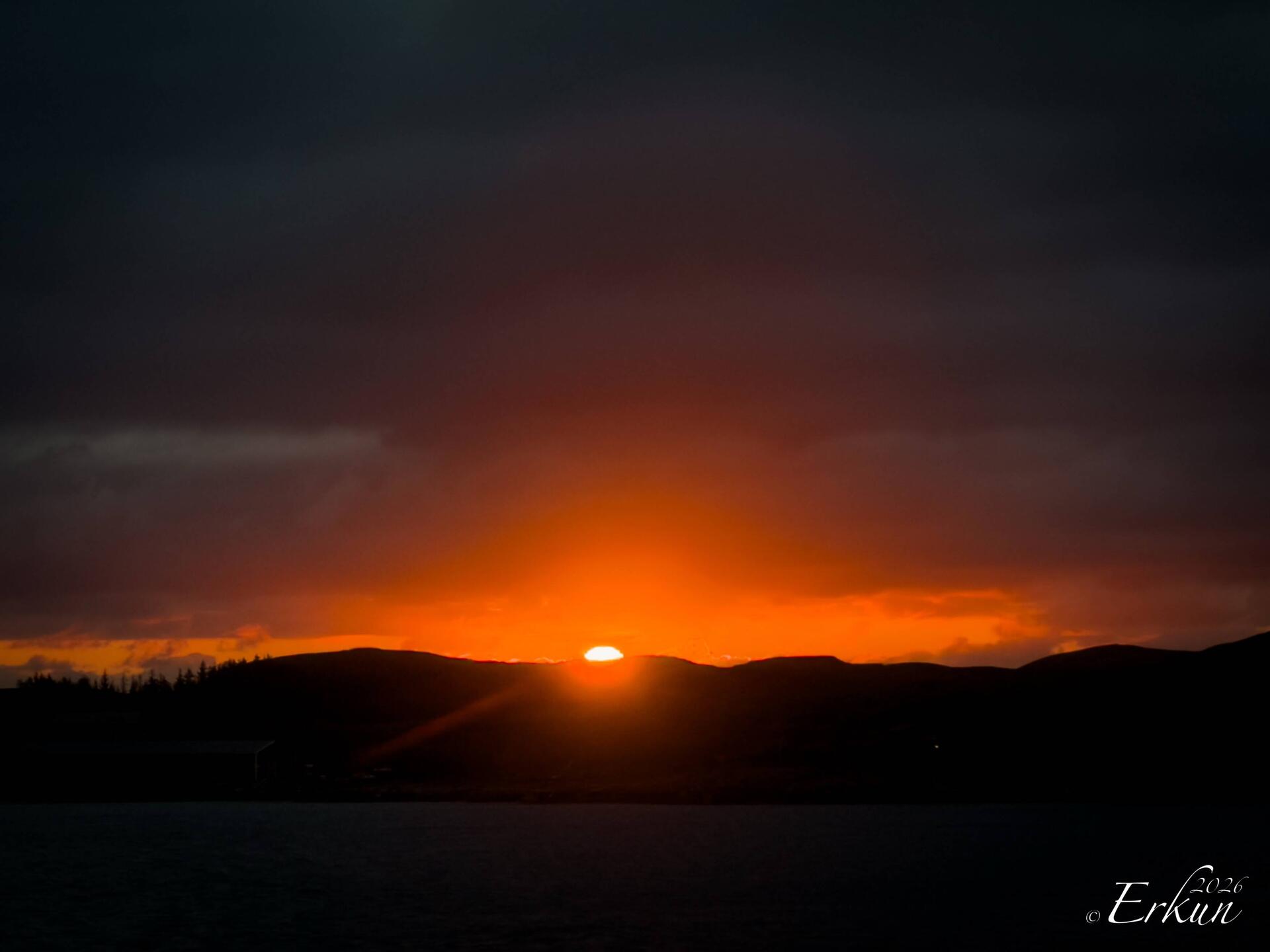 Sunset as m/s Havila Castor begins its approach to Rørvik.