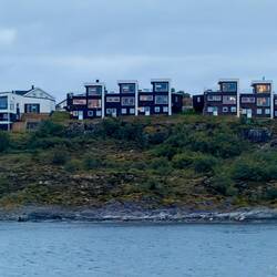 Modern apartment buildings along the coastline — Rørvik, Norway.