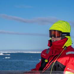 Skiing goggles - very appropriate in the cold wind.
