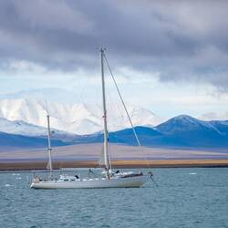 Aglaia at anchor in the morning.
