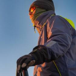 Yann at the helm. In ice, all is hand steering.