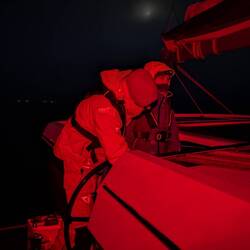 Entering the shallow anchorage of Thetis Island. Just took the main down.