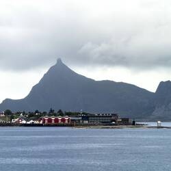 The hamlet on Indre Kvarøy Island ... with the peak of Hestmannen visible in the background.