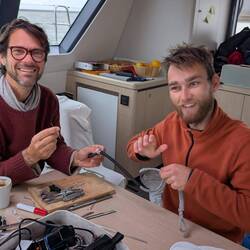 Tuesday is rigging day: Producing replacements for chafe-damaged block attachments.