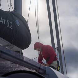 Getting ready to get the mainsail halyard.
