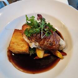 Chicken with smoked marrow, red wine sauce (more like soy sauce), scalloped potatoes