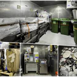 Cold room for trash (top); paper recycling; can & glass crusher; broken ceramic ware for recycling