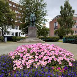 A statue of Norwegian polar explorer Roald Amundsen takes pride of place in the city park.