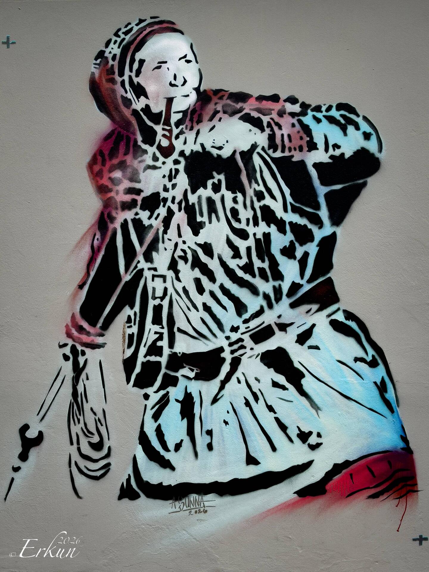 Anders Sunna's stencil work of Magrethe Kitti, prominent advocate for Sami culture/history.