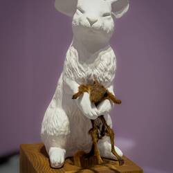 Sculpture by Ann Kristin Einarsen; using porcelain, oak, and taxidermied squirrel.