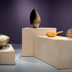 L to R: two papier-mâché pieces by Huuva; "Milk Bowl" by Andersen; "23 Attempts" by Mellem.