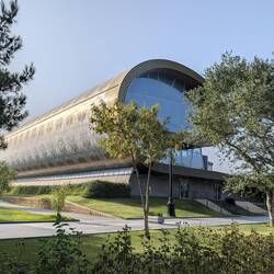 Baku - Carpet Museum, literally shaped like a giant rolled-up gilded carpet