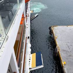 The passenger (lower) and the cargo (middle) gangways prepared for deployment.
