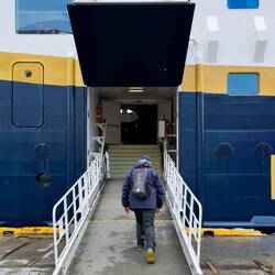 Going up the passenger gangway ... steepness & number of steps determined by the tide.