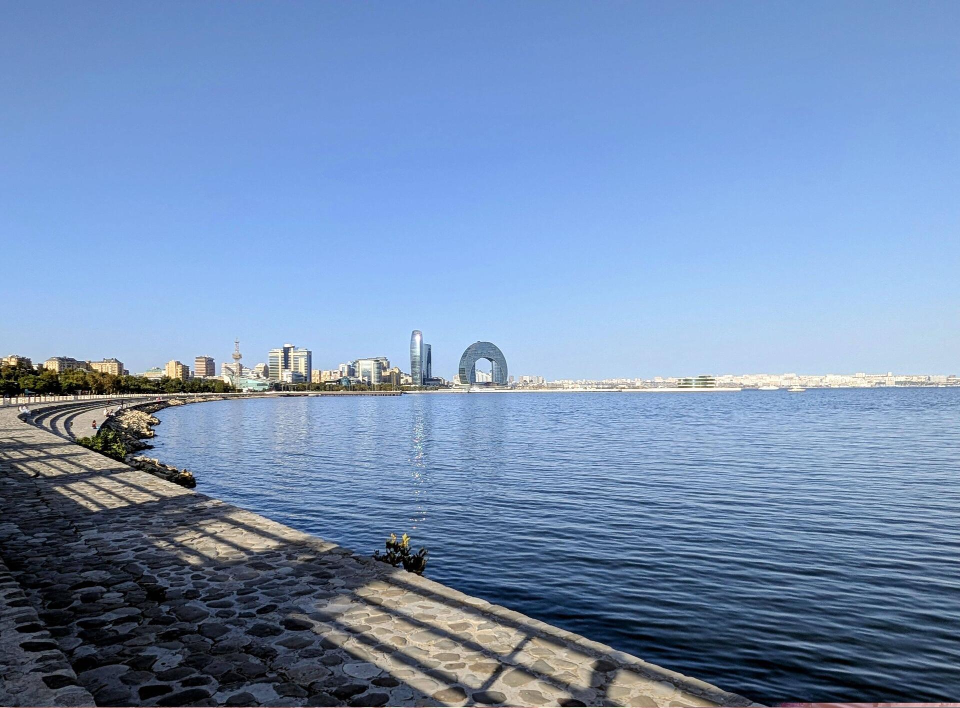 Last glance across Baku's crescent bay at the Caspian Sea