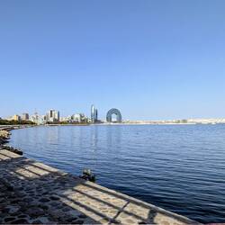 Last glance across Baku's crescent bay at the Caspian Sea