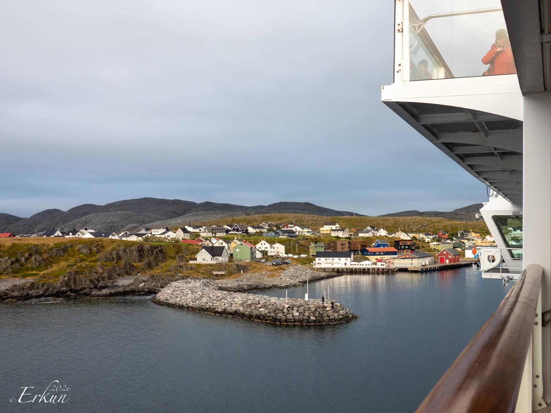 Entering through the breakwater to dock in Mehamn.
