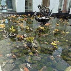 This pond in the middle of the museum has an odd statue.