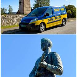 The Soviet Libertation Monument ... and the van parked nearby to protest current politics.