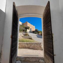 Looking back towards the cobbled walkway up to the village
