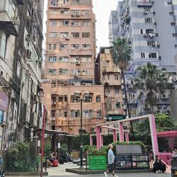 Rest garden in amongst dirty buildings.