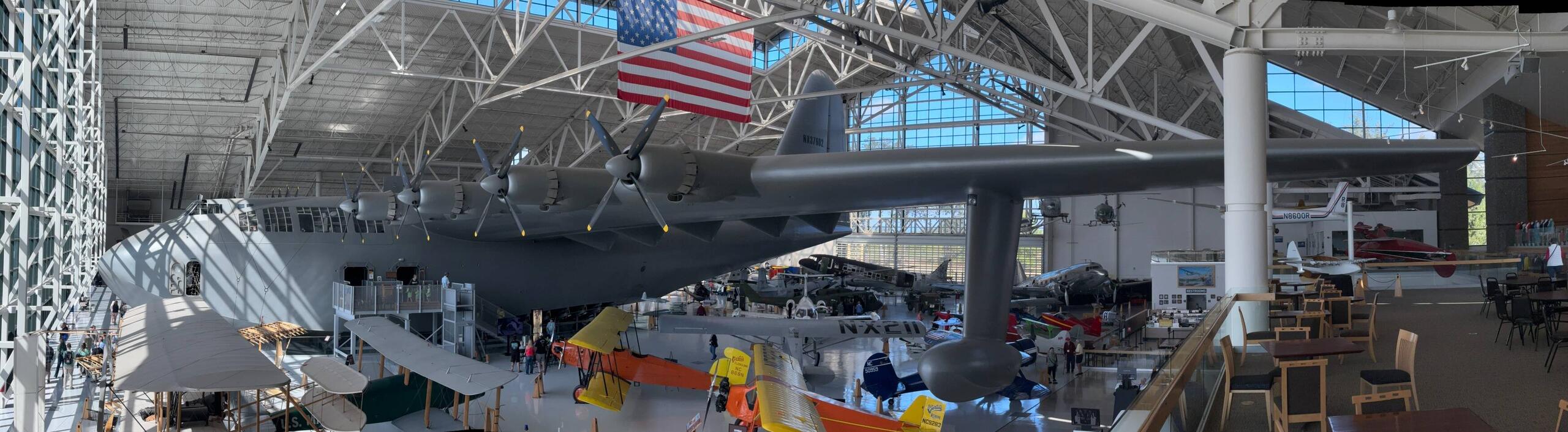 The Spruce Goose dwarfs all other aircraft in the building.