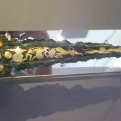 Dagger inlayed with lion hunting scene. Mycenian.