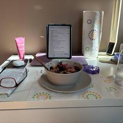 My breakfast: vegetables, rice, and the news