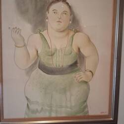 ein eher untypische (weil nicht GANZ "aufgeblasene" und statische) Botero-Frau in Aquarell
