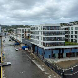 Apartment complex and ferry terminal.